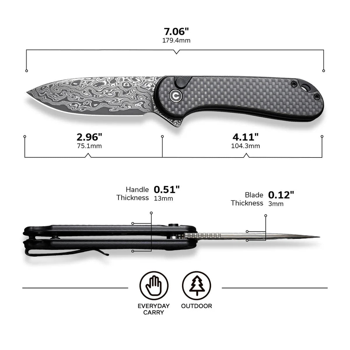 Civivi C18062PB-DS1 Button Lock Elementum II Flipper Knife w/ Carbon Fiber Handle – Damascus Steel