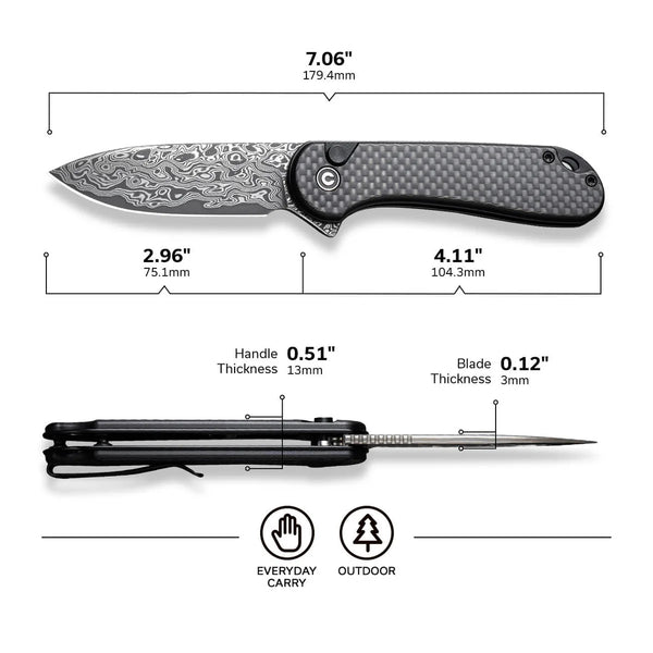 Civivi C18062PB-DS1 Button Lock Elementum II Flipper Knife w/ Carbon Fiber Handle – Damascus Steel