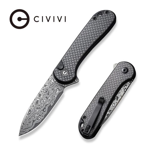 Civivi C18062PB-DS1 Button Lock Elementum II Flipper Knife w/ Carbon Fiber Handle – Damascus Steel