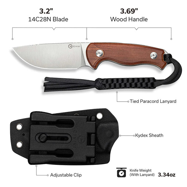 Civivi C23094-4 Timberbark Fixed Blade Knife w/ Wooden Handle – Sandvik 14C28N Blade