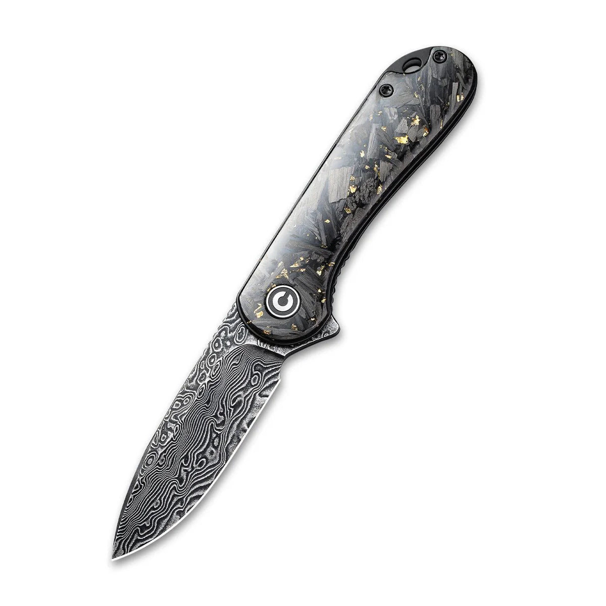 Civivi C907C-DS1 Elementum Folding Knife w/ Shredded Carbon Fiber & Golden Flakes Handle – Damascus Steel