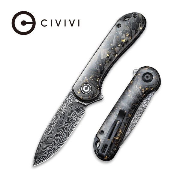 Civivi C907C-DS1 Elementum Folding Knife w/ Shredded Carbon Fiber & Golden Flakes Handle – Damascus Steel