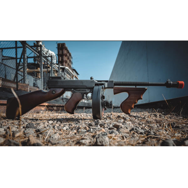 King Arms Licensed “Chicago Typewriter” Thompson M1928 Airsoft AEG Rifle w/ Mosfet – Real Wood Furniture | King Arms