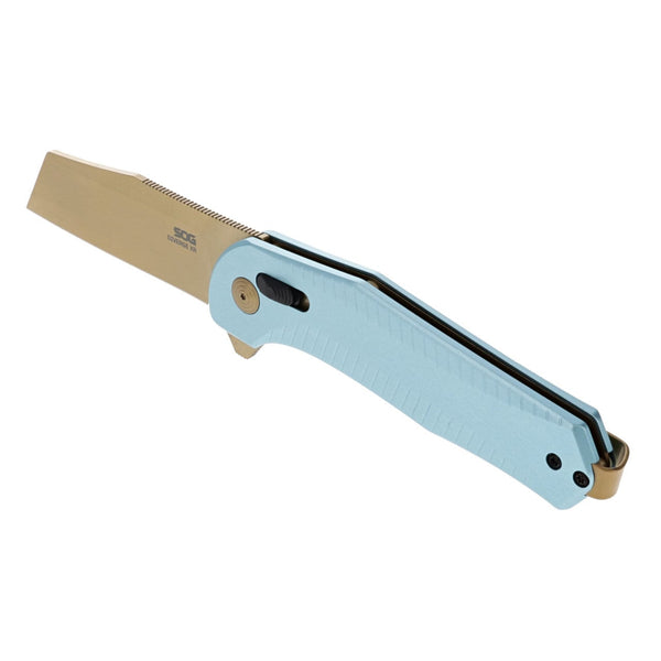 SOG Diverge XR Folding Knife w/ Light Blue 6061 Aluminum Handle – Gold D2 Steel Blade