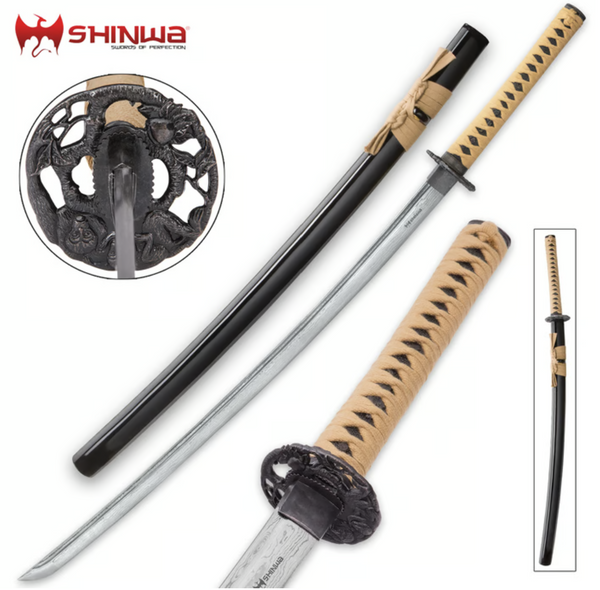 United Cutlery Shinwa Makaku Katana/Samurai Sword – Hand Forged Damascus Steel w/ Genuine Ray Skin Handle & Lacquered Wooden Sheath | United Cutlery
