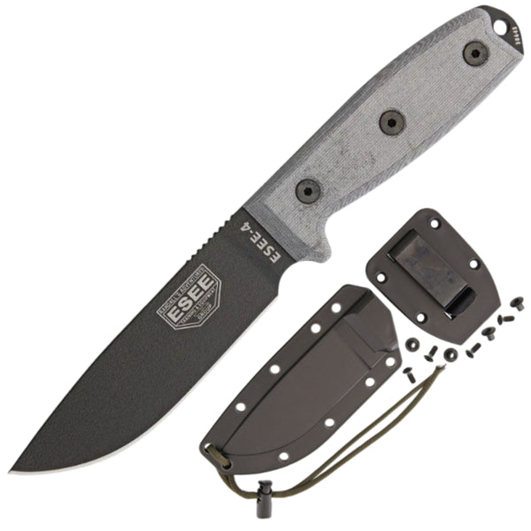 ESEE-4P Fixed Blade Survival Knife w/ Micarta Handle and Black Molded Sheath – 1095 Carbon Steel