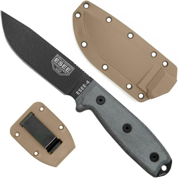 ESEE-4P Fixed Blade Survival Knife w/ Micarta Handle and Brown Molded Sheath – 1095 Carbon Steel