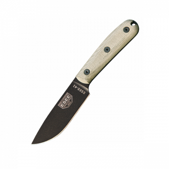 ESEE 4HM-B Fixed Blade Survival Knife w/ Traditional Micarta Handle & leather Sheath – 1095 Carbon Steel