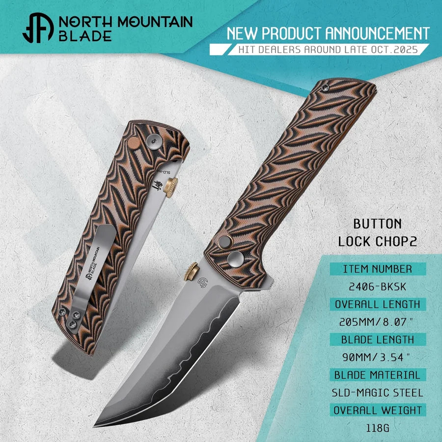 North Mountain Blade 2406-BKSK Chop 2 Folding Knife w/ Snake Skin G-10 Handle - SAN MAI SLD-Magic Steel | North Mountain Blades