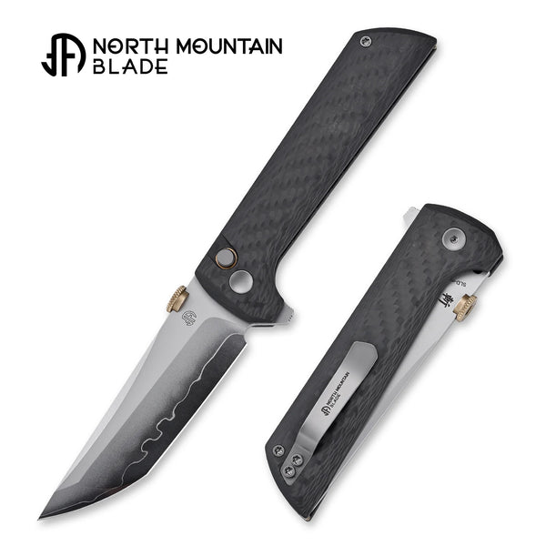 North Mountain Blade 2406-CF Chop 2 Button Lock Folding Knife – SLD-Magic Steel w/ Carbon Fiber Handle