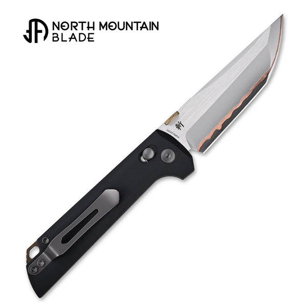 North Mountain Blade Chop Crossbar Lock Folding Knife w/ Copper Damascus Steel – Black G10 Handle