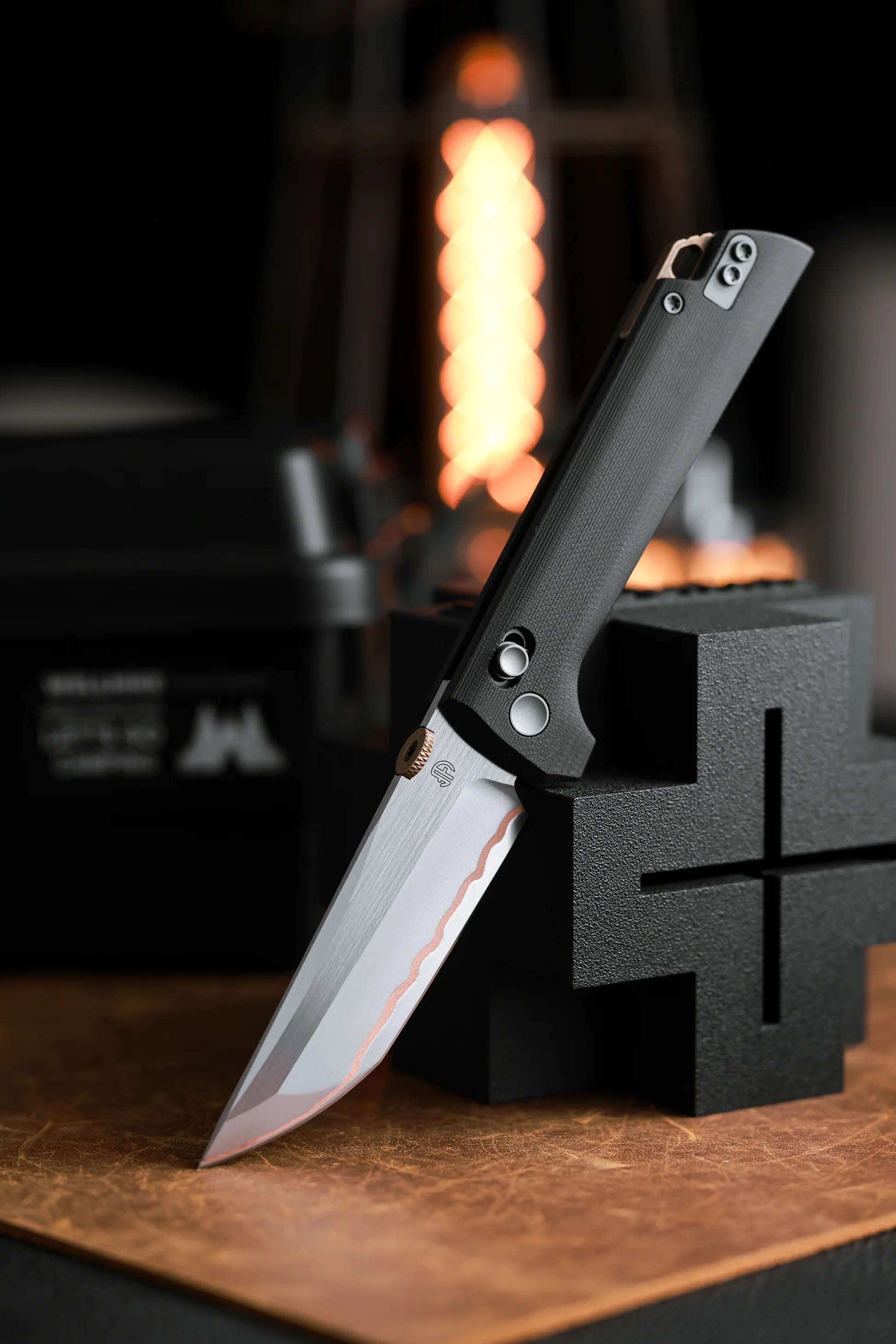 North Mountain Blade Chop Crossbar Lock Folding Knife w/ Copper Damascus Steel – Black G10 Handle