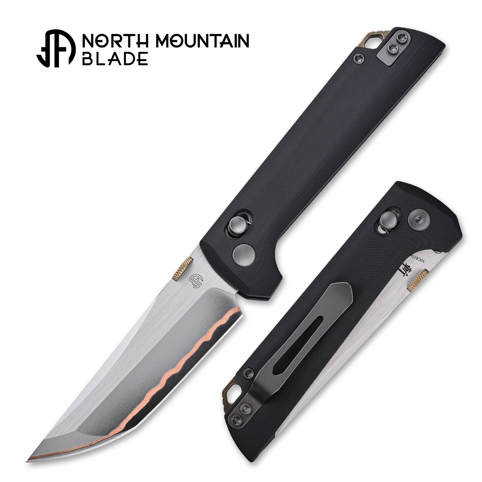 North Mountain Blade Chop Crossbar Lock Folding Knife w/ Copper Damascus Steel – Black G10 Handle