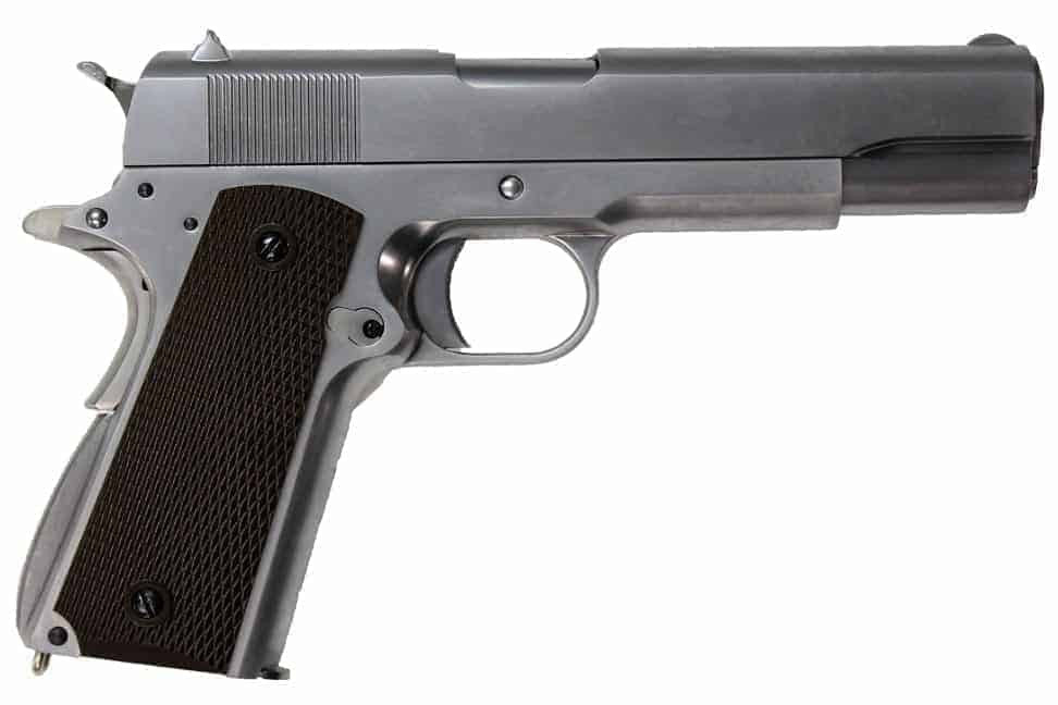 WE-Tech M1911 Silver Gas Blowback Airsoft Product – Black Checkered Grip | WE Tech