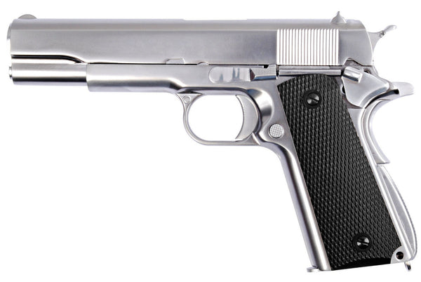 WE-Tech M1911 Silver Gas Blowback Airsoft Product – Black Checkered Grip | WE Tech