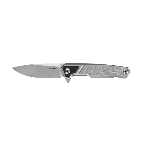 Ruike P875 Folding Knife – Engraved Handle w/ Carbon Fiber Bolster | Ruike