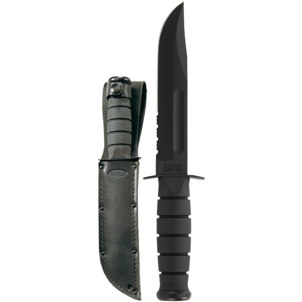 KA-BAR Combat Knife – Full-Size, Serrated, Black, Leather Sheath